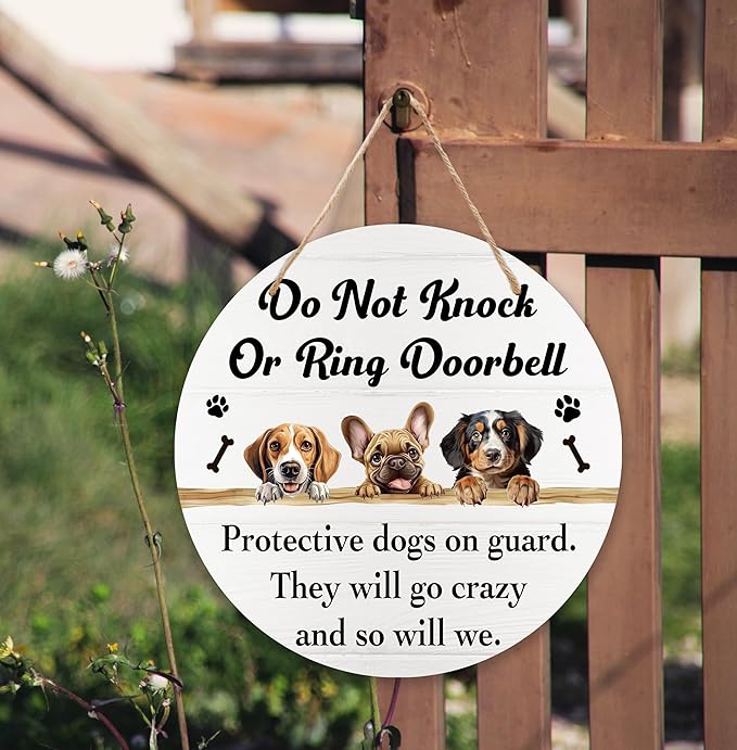 Please Do Not Knock Or Ring Doorbell Hanging Sign, Funny Dog Wooden Round Door Hanger For House Gate Fence Yard Front Door, Protective Dogs On Guard Sign For Outdoor Porch -08