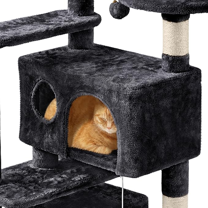 Yaheetech Cat Tree, 57 inches Cat Tower with Double Condo, Scratching Board and Basket, Cat Furniture for Indoor Cats Kitten- Black