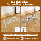 Elevated Acrylic Pet Bowl Stand – Raised Cat & Dog Bowls with 2 Glass & 2 Stainless Steel Bowls, Modern Clear Design, Non-Slip, Easy to Clean, Perfect for Small Pets, 3.75" Tall