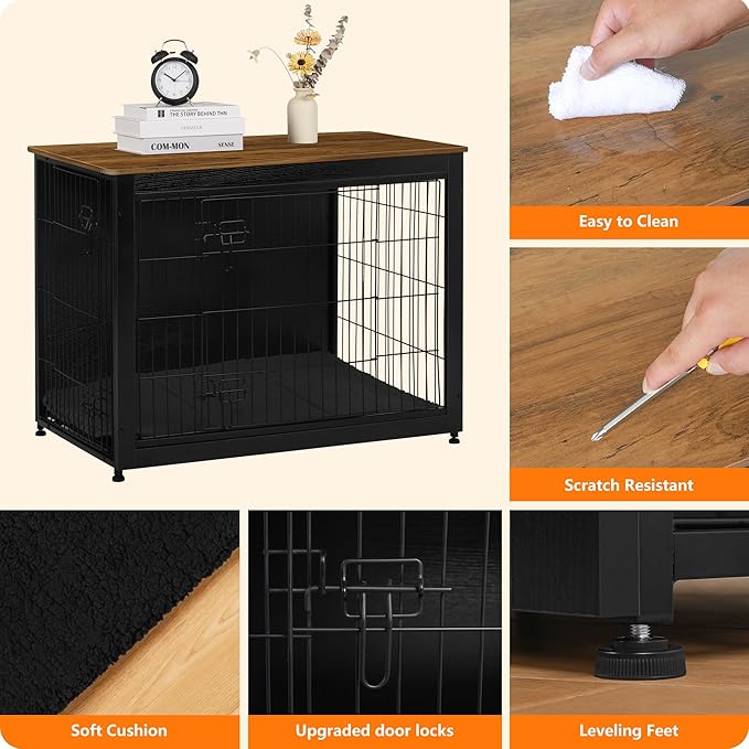 DWANTON Dog Crate Furniture with Cushion, Wooden Kennel Table with Double Doors, Indoor Dog House, Large Size, 38.5" L, Black+Warm Brown