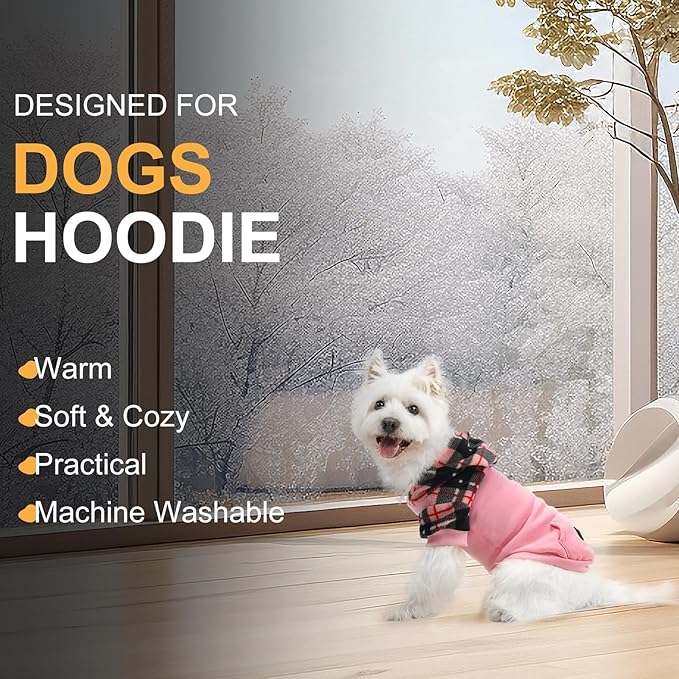 Dog Hoodie for Small Medium Large Dogs, Fleece Plaid Pet Hooded Clothes Sweater with Hat & Pocket for Cold Weather Winter,Warm Soft Pullover Sweatshirt Coat Outfit for Puppy Girls Boys Pink M