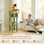 62" Cactus Cat Tree for Large Cats, Multi-Level Cat Tower with 2 Plush Condos, Soft Bed, Scratching Posts & Pad, Padded Perch & 2 Hanging Pompoms for Indoor Cats, Green