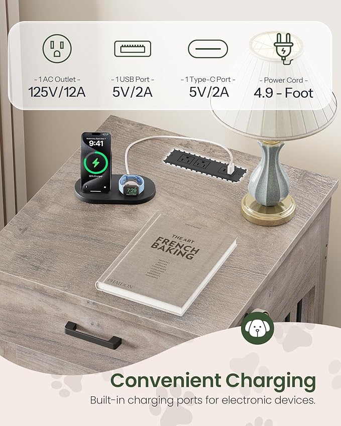 Dog Crate Furniture, Wooden Dog House with Charging Station and Storage Drawer, Indoor Pet Crate End Table for Small Breeds, for Living Room, Bedroom, Greige MGW01UFH
