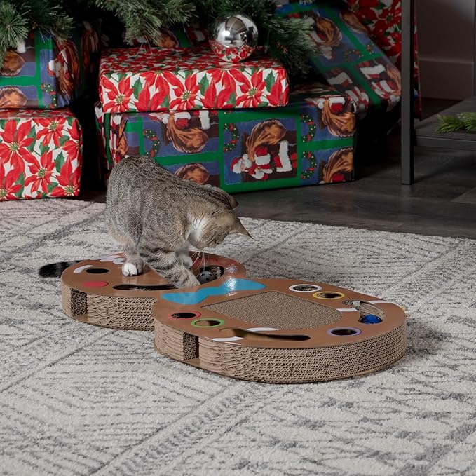 Furhaven Scratching Pad Ball Track Cat Toy w/ Catnip for Indoor Cats - Giant Gingerbread Man Holiday Corrugated Busy Box Scratcher - Brown, One Size