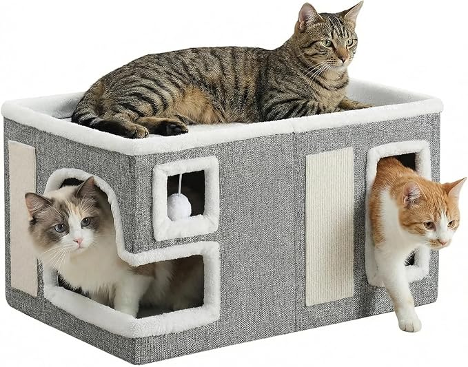 Cat Houses for Indoor Cats,Foldable with Cat Scratch Pad and Hanging Fur Ball - Washable Semi-Enclosed Cat Bed, Warming Comfy Cat Tent,22.83x16.92x12.99inch, Grey
