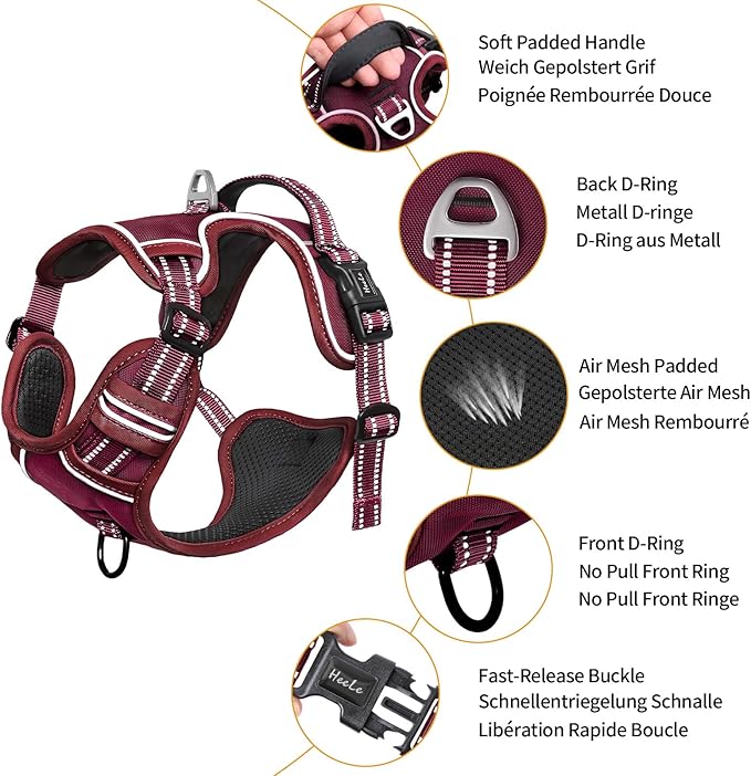 HEELE Dog Harness for Large Dogs No Pull Dog Vest Harness for Large Dog with Soft Padded Handle Reflective for Outdoor Training, Burgundy Red, XL