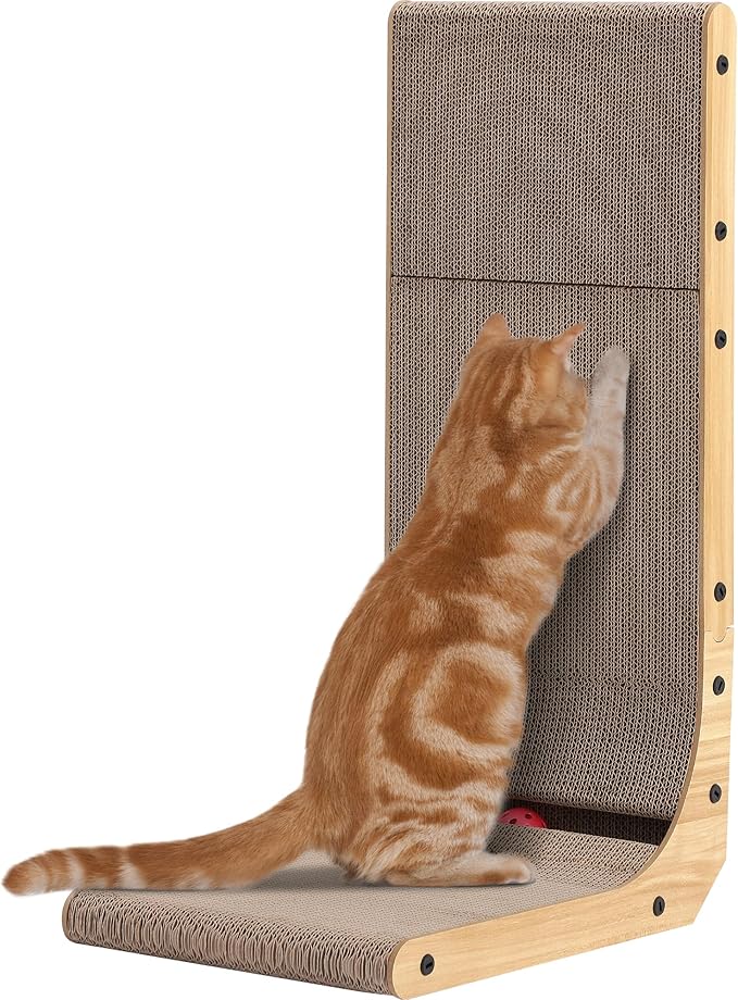 KIGOTY Cat Scratcher,27 Inch L Shape Cat Scratch Pad, Vertical Cats Scratcher Board, Cat Scratchers for Indoor Cats, Cardboard Cat Scratching with Ball,Cat Toys