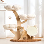 Aesthetic Flower Cat Tree Tower with Scratching Post for Indoor Cats, 37" Modern Cat Tree with Wood Sculpted Branch, Flower Cat Beds, Scratching Board & Interactive Squeaky Toy, Creamy White