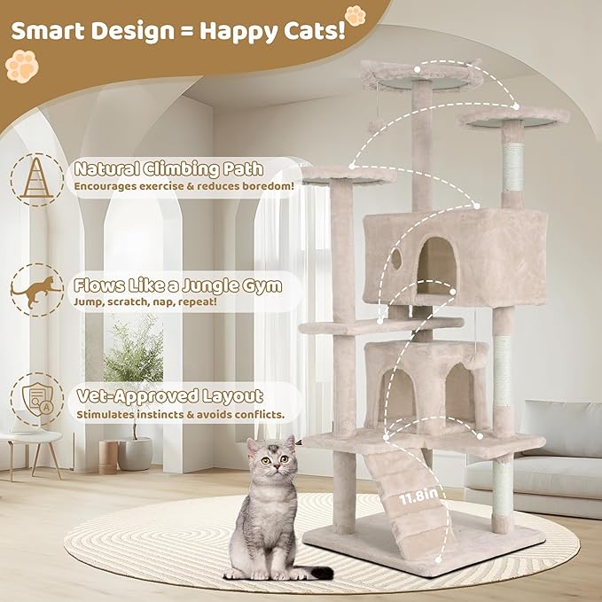Cat Tree Tower, Sisal-Covered Scratching Posts, Condo, Hammock, Dangling Ball, and Extended Platform, Big Cat House & Furniture, 54" Tall, Beige