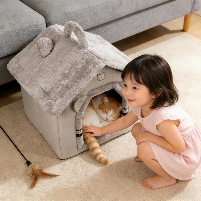 Lovely Cat Bed for Indoor Cats, Cartoon Pattern Cat Cave Bed with Handle Design, Soft Cat Hideaway Indoor Cat House for Kitten, Puppy & Small Pets (L)
