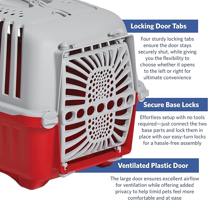 MidWest Homes for Pets Spree Travel Carrier - Hard-Sided Dog & Cat Carrier, Small Pet Travel Crate with Handle, Ventilated Design, Durable Plastic Door, Easy Assembly, 22-Inch, Red