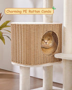 Yaheetech 36in PE Rattan Cat Tree with Big Perch, Breathable Woven Condo, Extra Long Sisal Scratching Post, Washable Cushion, Natural Cooling Design for Indoor Large Kittens, Beige
