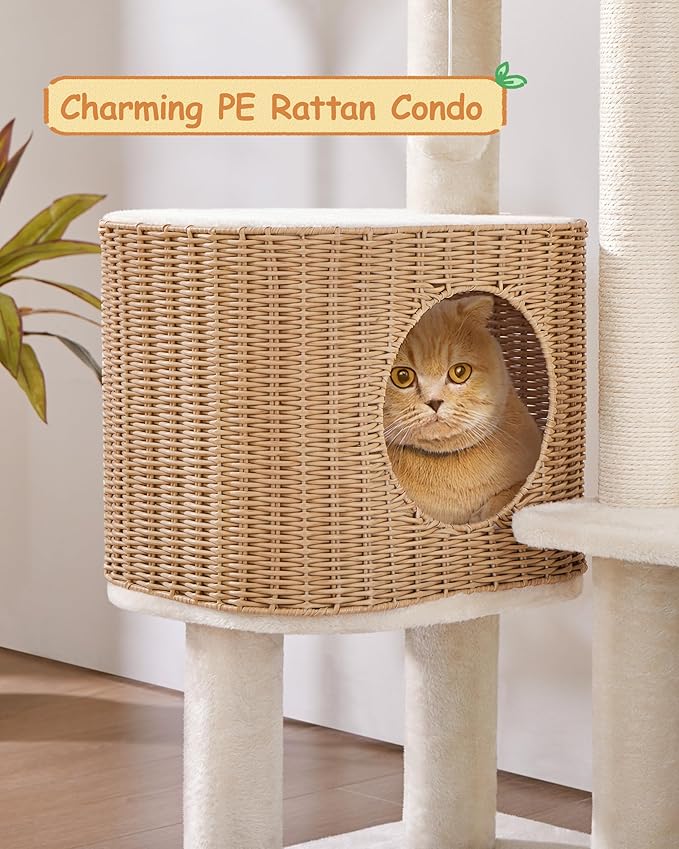 Yaheetech 36in PE Rattan Cat Tree with Big Perch, Breathable Woven Condo, Extra Long Sisal Scratching Post, Washable Cushion, Natural Cooling Design for Indoor Large Kittens, Beige