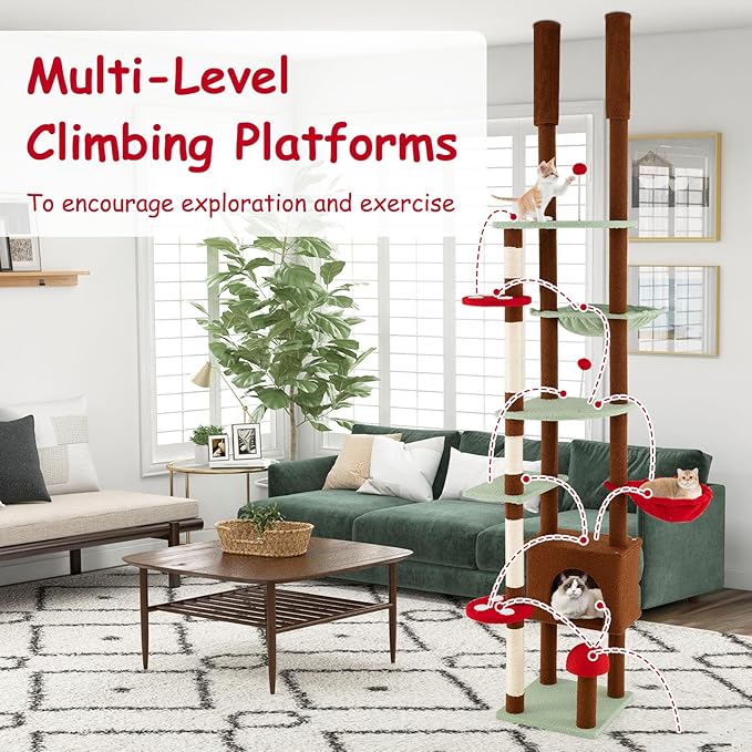 PETSITE Mushroom Floor to Ceiling Cat Tree, 79.5-104.5 Inches Height Adjustable Cute Ceiling Cat Tower with Sisal Scratching Posts, Condo, Side Basket Bed, Spring Toy, and Multiple Jumping Platforms