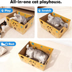 Pawise Heavy Duty Cardboard Cat Scratcher Box with 2 Refillable Scratcher Pads & Peekaboo Holes – Large Cat Scratch Box for Indoor Cats + Bonus Cat Toy Wand