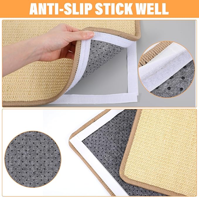 4 Pack Cat Scratcher Mat, Fabric Sisal Cat Scratching Pad for Indoor, Cats Scratching Rug Wall Scratchers with Adhesive Hook Loop Tape for Protect Couch and Carpets