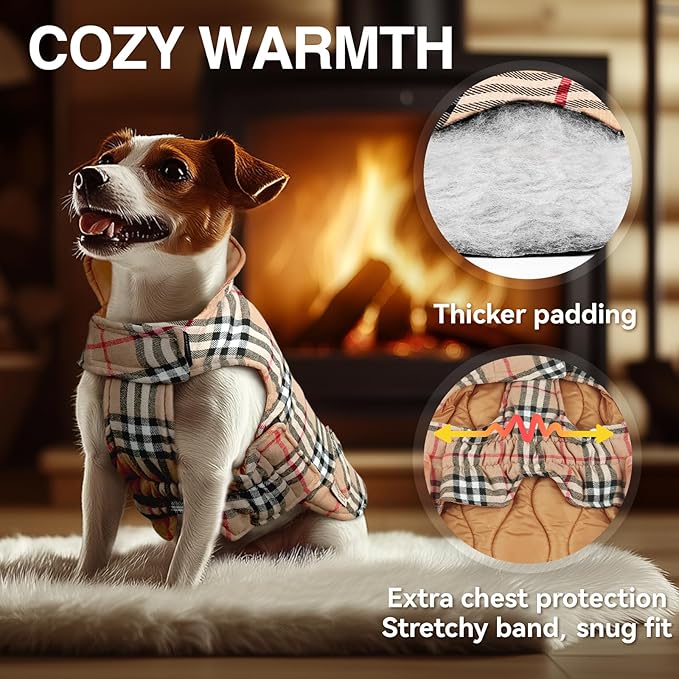 VIVAGLORY Softjoy Dog Coat, Dog Jacket for Winter & Christmas, Coat with Harness Hole, Reversible Plaid Checkered Warm Fluffy Heavy Duty for Puppy, M, Khaki