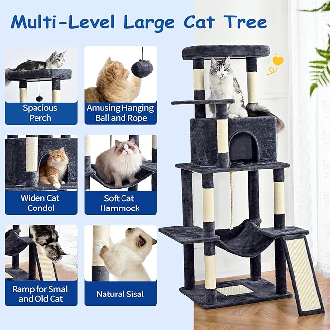 Cat Craft Cat Tree 63 Inch Cat Tower for Indoor Cats, Multi-Level Cat Tree for Large Cats 20 lbs+ Heavy Duty Cat Tower with Sisal Scratching Posts, Hammock, Condo and Extended Platform, Dark Grey