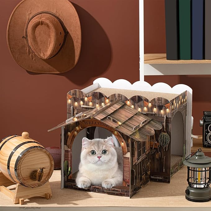 2 Story Cardboard Cat House with Scratcher Pad for Small Kitten,17x12x10 Multi Level Durable Cat Condo & Villa for Bunny Rabbit Small Animals Christmas Birthday Gift(17x12x10,Western)