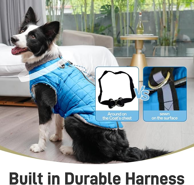 Warm Fleece Dog Coats with Durable Harness Buitl in D-Ring,Waterproof Puppy Jacket for Small Dogs,Dog Vest for Cold Winter,Light Blue XS