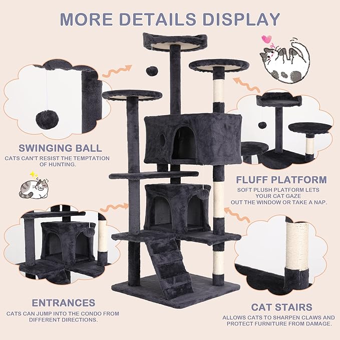 Go Pet Club 70'' Tall Multi-Level Cat Tree with Scratching Post, Stand Platform, Cat Condo, Tower and Funny Toy for Medium Indoor Cats