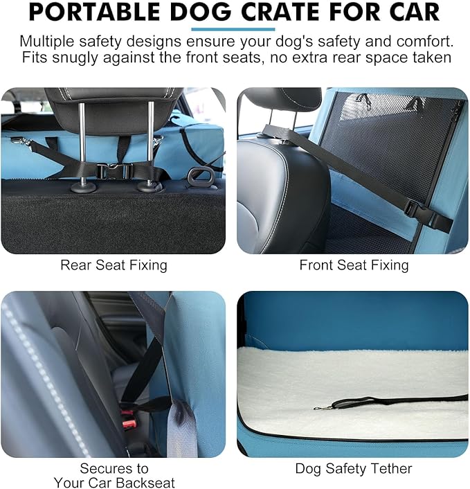 Snagle Paw Portable Dog Crate for Car Travel,Metal Frame Pet Crate,Pet Carrier for Car Back Seat Secures with Headrest Strap and Seatbelt,M