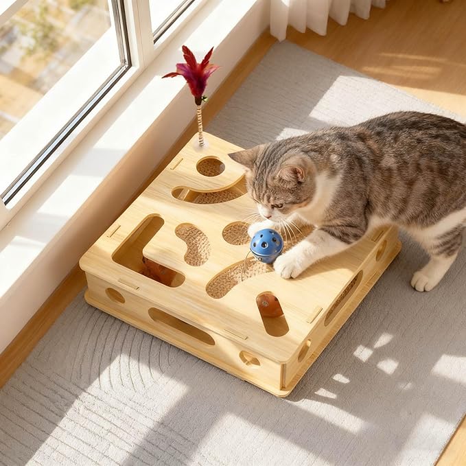 Cat Scratch Puzzle Enrichment Box, Nail File Stress Free Alternative to Clippers and Grinders, with 6 Bell Balls and Cats Funny Stick, Cat Nail File Enrichment Box for Cats (Beige_with Springs)