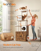 Feandrea Cat Tree with Litter Box Enclosure, 70.1-Inch Tall Cat Tower, 2-in-1 Modern Condo with Scratching Posts, Perch, Caves, Basket, Washable Cushion, Rustic Brown UPCT116X01