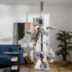 PawHut Floor to Ceiling Cat Tree, 94.5-102.5 inch Adjustable Height Cat Climbing Tower with Scratching Posts, Condos, Hammocks, Tubes, Ladders, Platforms, Dangling Balls for Indoor Kittens, Light Gray