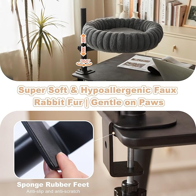 Dogpals 360° Rotating Cat Bed for Desk, Height Adjustable Cat Perch with Semi-Enclosed Design & Removable Cushion, No-Drill Clamp fits up to 1.18" Desk, Supports 9lbs for Office, Gaming Table, Grey