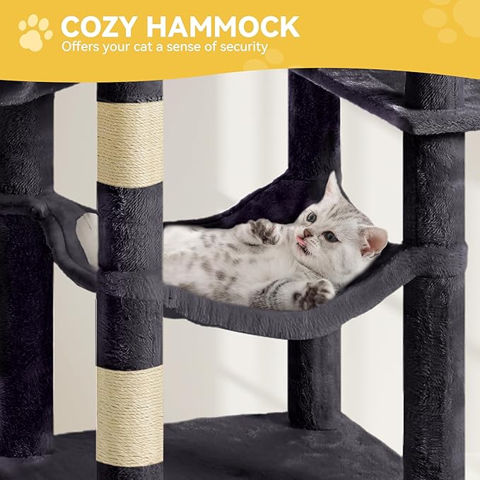 DWVO 64.5" Tall Cat Tree, Multi-Tier Cat Condo with Hammock, Scratching Posts & Play Balls for 2-3 Cats (Dark Gray)