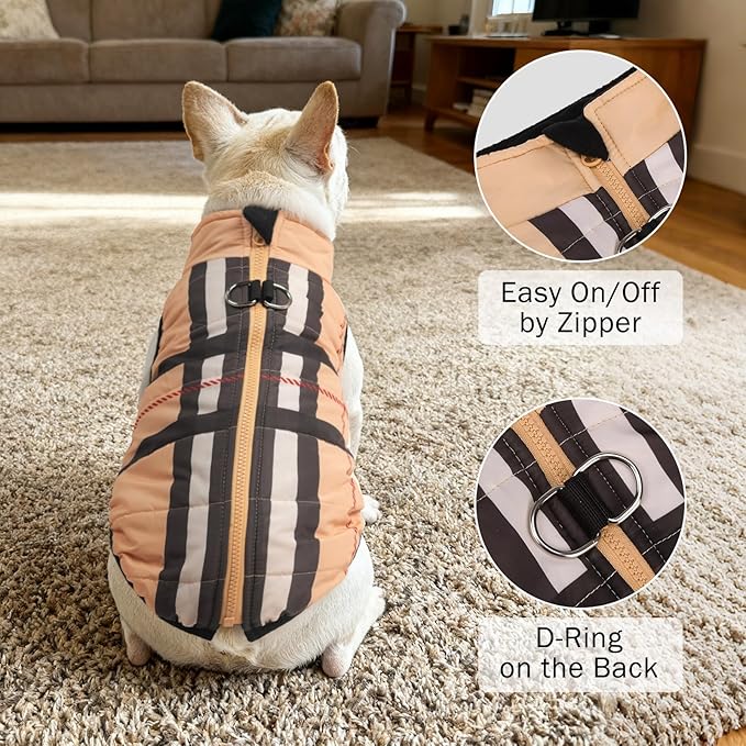 SCENEREAL Winter Dog Vest Coat with Harness Built in, Warm Puppy Jacket for Small Medium Dogs, Cold Weather Coat with Zipper, Fleece Puffer Vest Windproof Snow Clothes, Beige Plaid S