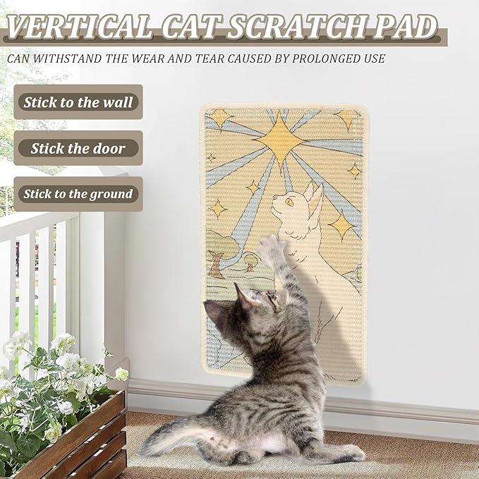 Sisal Cat Scratcher Mat, Durable and Shedding Resistant Cat Scratching Pad with Pattern, 19.69x13.78 Inch Anti Scratch Furniture Protector for Wall Couch Carpet (Yellow)