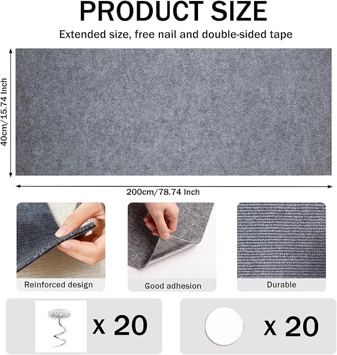 78.8"x15.8" Cat Scratch Furniture Protector,Light Grey Adhesive Cat Scratching Mat,DIY Cat Scratch Protection Pad for Couch, Bed，Carpet，Door & Cat Scratching Post(Light Grey)