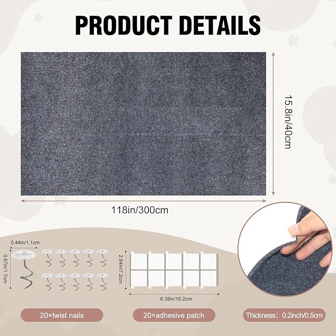 Cat Scratch Couch Furniture Protector-118 x15.8 cat Scratch Mat for Couch Furniture and Wall Protector,Trimmable Self-Adhesive DIY Climbing Cats Scratcher Couch Protector（Dark Gray）