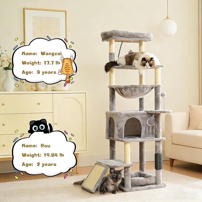 Cat Tree, 66 Inches Modern Cat Tower for Indoor Cats, Multi-Level Tall Cat Tree for Large Cats with Sisal-Covered Scratching Posts, Padded Platform, Hammock, and Condo, Grey
