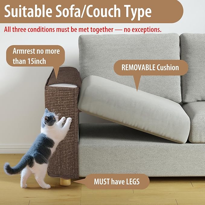 Couch Cat Scratch Protector-Universal Couch Protector from Cat Claws for Both Sofa Arm Sides,Color-Matched Sisal Pad, Couch Corner Cat Scratcher(Brown)