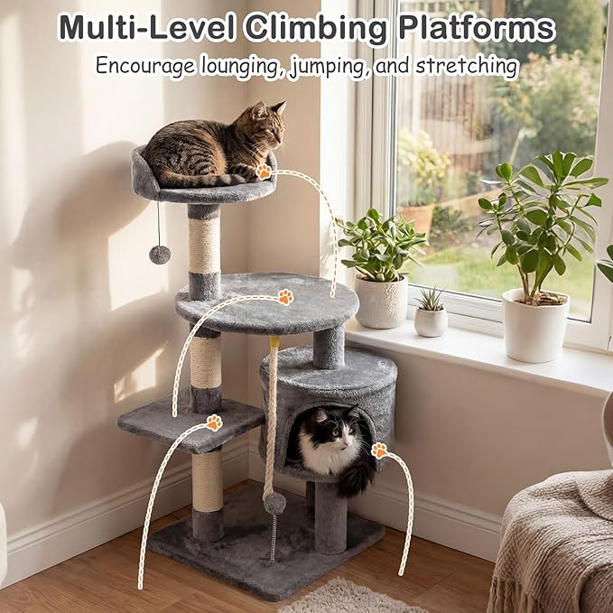 Tangkula 36 Inch Cat Tree Tower, Multi-Level Cat Tower with Condo, Top Perch, Sisal Scratching Posts & Hanging Rope, Spring & Hanging Balls, Climbing Platforms for Indoor Cats and Kittens (Light Gray)