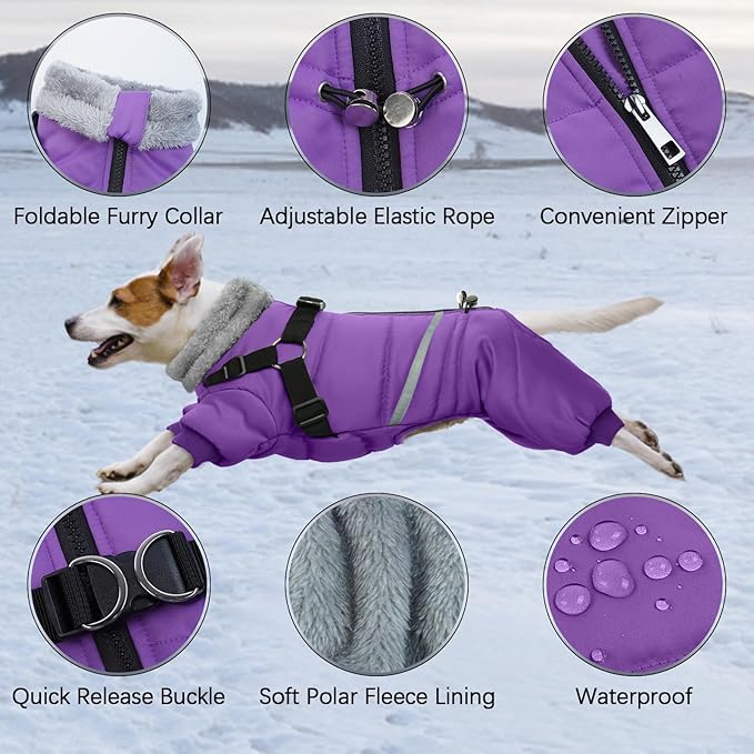 BRKURLEG Purple Dog Coat with Harness, Dog Winter Jacket, Dogs Onesie Body Warm Jackets, Small Medium Dogs Winter Coats Reflective Windproof Warm Cold Weather Coats, Pet Waterproof Jacket, XXL