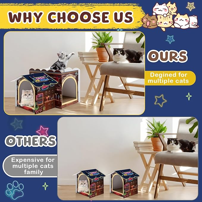 2 Story Cardboard Cat House with Scratcher Pad for Small Kitten,17x12x10 Multi Level Durable Cat Condo & Villa for Bunny Rabbit Small Animals Christmas Birthday Gift(Bar)
