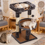 Multi-Level Cat Tree for Indoor Adult Cats, Modern Cat Tower with Double Beds & Scratching Posts, Cute Cat Tree Tower for Large Cats and Kitten, Small Cat Tree Tower with Hanging Toys, Grey