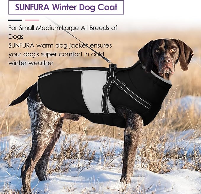 SUNFURA Dog Coat, XXXL Dog Jacket Winter with Harness Built in, Waterproof Pet Snow Jacket with Furry Collar for Chilly Day, Reflective Fleece Snowsuit for Extra Large Dogs, Black 3XL