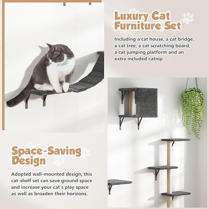 5 Pcs Wooden Indoor Cat Climber - Wall-Mounted Shelves, Perches, Scratching Board, Cat Ladder & Cat Tree - Grey