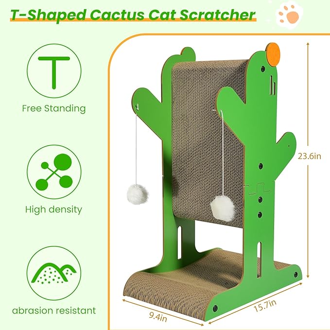 Cat Scratcher, 2-Sided Cat Cardboard Scratcher, T Shaped Vertical Cat Scratcher for Wall and Couch Protection, Cat Scratching Post with 2 Toys for Indoor Cats