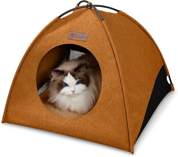 Pop-up Cat Tent Indoor Outdoor,Waterproof Cat House with Removable Cushion for All Seasons, Portable Pyramid Cat Cave Bed for Cats & Small Dogs, No Assembly Folding Pet Tent,Brown