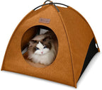Pop-up Cat Tent Indoor Outdoor, Waterproof Cat House with Removable Cushion for All Seasons, Portable Pyramid Cat Cave Bed for Cats & Small Dogs, No Assembly Folding Pet Tent,18.9x18.9x15.4,Brown