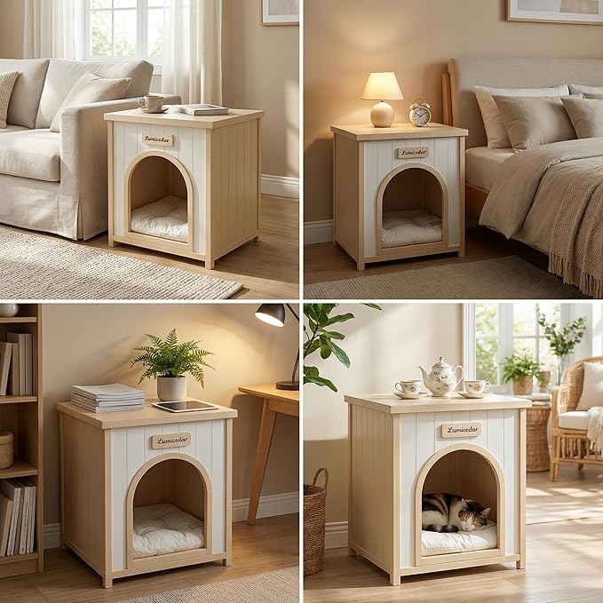 Wooden Dog Crate Furniture, Side Table Dog House for Indoor Small Dogs, Modern End Table with Cushion