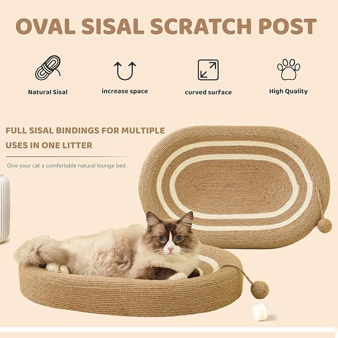 Oval Cat Scratching Board & Mat - Cat Scratching Post 24 Inch Made of Durable Sisal Rope, 3-in-1 Scratching Bed for Indoor Cats to Play, Rest & Scratch (24-inch Brown)