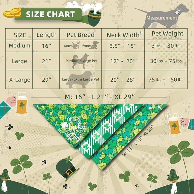 St Patricks Day Dog Bandanas Plaid Shamrock 3 Leaves - Pet Scarf with Adjustable Snap Button Cute Lucky Holiday Costumes for Irish Festivals, Medium & Large Breeds (30-75lbs)