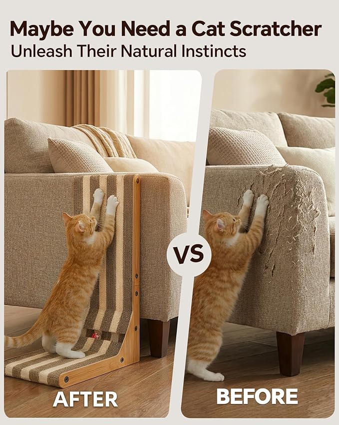 Cat Scratcher, L-Shaped 23.7" Tall Cardboard Scratching Board - 3 in 1 Wall Lean or Flat Use, Extra Thick Corrugated Cat Scratch Pad with Bell Ball Toy for Indoor Cats